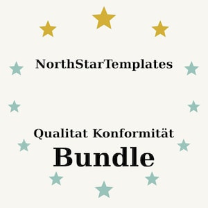 May include: Cream-colored graphic with the text "NorthStarTemplates," "Qualitat Konformität," and "Bundle" in black. The text is surrounded by teal and gold stars.