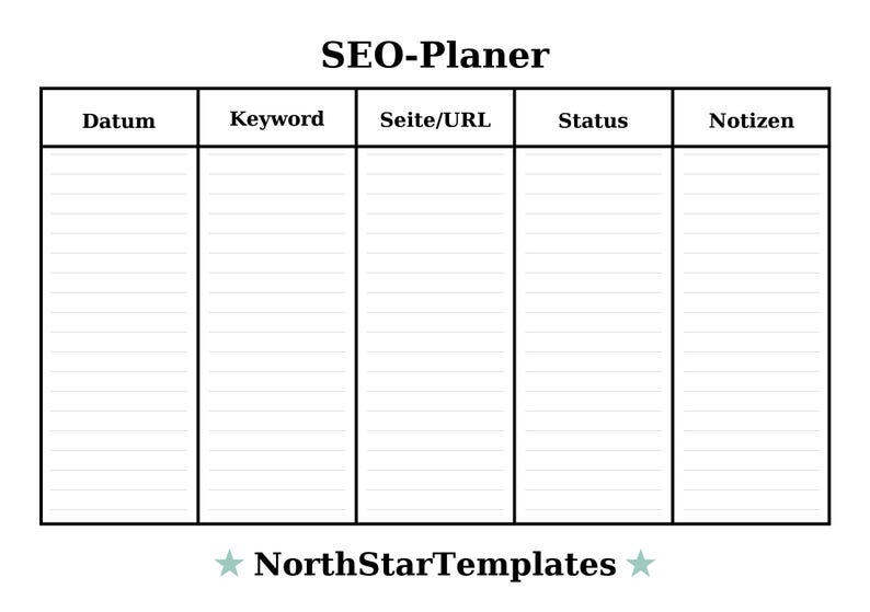 Peut inclure: Un mod&egrave;le de planificateur SEO blanc avec des bordures noires et des colonnes intitul&eacute;es "Datum", "Keyword", "Seite/URL", "Status" et "Notizen". Le titre "SEO-Planer" est en haut et "NorthStarTemplates" en bas.