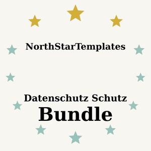 Puede incluir: Gráfico color crema con el texto "NorthStarTemplates" encima de "Datenschutz Schutz Bundle". La palabra "Bundle" está en negrita, en negro. El diseño incluye estrellas doradas y turquesas.