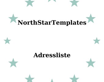 May include: White background with a circle of light teal stars. The text "NorthStarTemplates" is above the word "Adressliste" in black font.