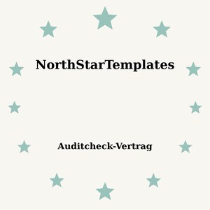Può includere: Uno sfondo beige chiaro con un anello di stelle turchesi che circondano il testo "NorthStarTemplates" e "Auditcheck-Vertrag" in nero.