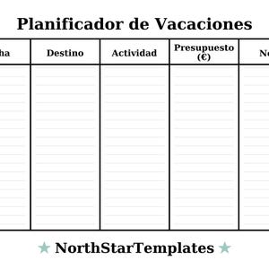 May include: A white vacation planner with black text. The planner is divided into columns labeled "Date", "Destination", "Activity", "Budget (&euro;)", and "Notes". The text "Planificador de Vacaciones" is at the top. The NorthStarTemplates logo is at the bottom.