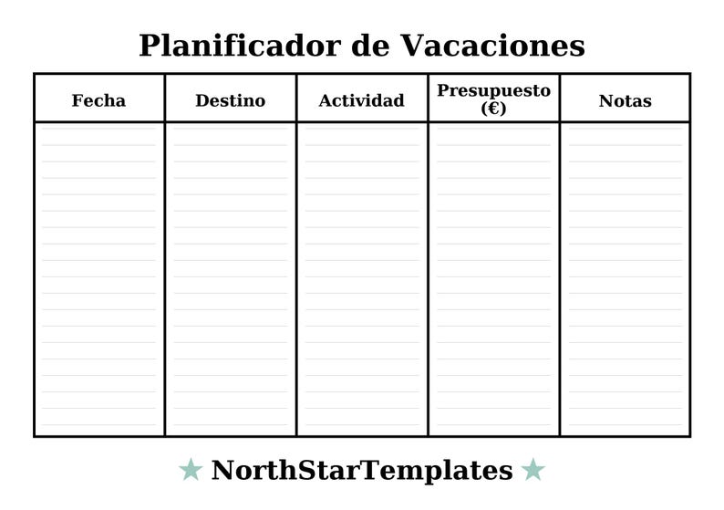 May include: A white vacation planner with black text. The planner is divided into columns labeled "Date", "Destination", "Activity", "Budget (&euro;)", and "Notes". The text "Planificador de Vacaciones" is at the top. The NorthStarTemplates logo is at the bottom.
