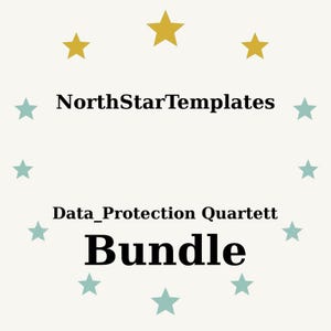 Könnte beinhalten: Cremefarbene Grafik mit dem Text "NorthStarTemplates", "Data_Protection Quartett" und "Bundle" in Schwarz. Das Design umfasst goldene und türkisfarbene Sterne, die um den Text angeordnet sind.