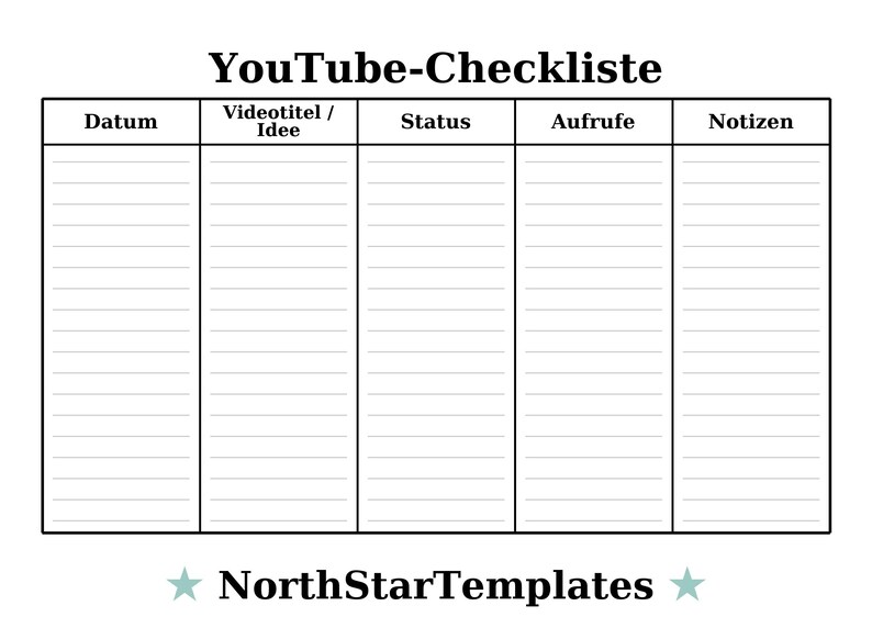 Youtube Checklist Premium Printable and Editable Template DE EN ES - Etsy