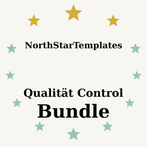 Puede incluir: Gráfico color crema con el texto "NorthStarTemplates" encima de "Qualität Control Bundle". El texto es negro, rodeado de estrellas doradas y turquesas.