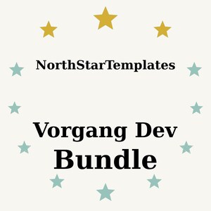 Könnte beinhalten: Eine cremefarbene Grafik mit dem Text "NorthStarTemplates" über "Vorgang Dev Bundle" in fetter Schrift. Das Design umfasst goldene und türkisfarbene Sterne, die um den Text angeordnet sind und einen dekorativen Rahmen bilden.