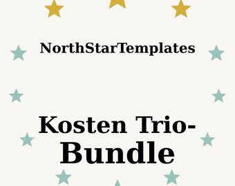 Könnte beinhalten: Cremefarbene Grafik mit dem Text "NorthStarTemplates" über "Kosten Trio-Bundle". Der Text ist schwarz, umgeben von goldenen und teal-farbenen Sternen.
