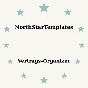 May include: A light beige background with a ring of teal stars encircling the text "NorthStarTemplates" and "Vertrags-Organizer" in black. The design is simple and clean.