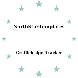 Könnte beinhalten: Weißer Hintergrund mit einem Kranz aus helltürkisen Sternen, der den Text "NorthStarTemplates" über "Grafikdesign-Tracker" in schwarzer, serifenloser Schrift umgibt.