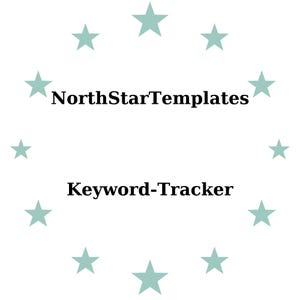 Könnte beinhalten: Weißer Hintergrund mit einem Kranz aus helltürkisen Sternen, die den Text "NorthStarTemplates" über "Keyword-Tracker" in schwarzer Schrift umgeben. Schlichtes, klares Design.