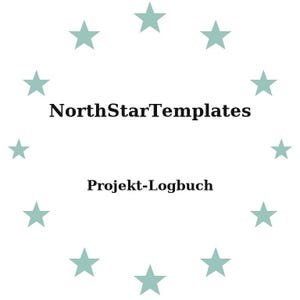 Peut inclure: Fond blanc avec le texte "NorthStarTemplates" et "Projekt-Logbuch". Des étoiles bleu clair entourent le texte. Le design est simple et épuré, mettant l'accent sur le texte.