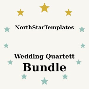 Könnte beinhalten: Cremefarbene Grafik mit dem Text "NorthStarTemplates" über "Wedding Quartett Bundle" in Schwarz. Der Text ist von türkisfarbenen und goldenen Sternen umgeben.