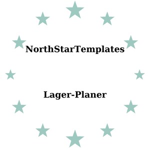 May include: White background with the text "NorthStarTemplates" above "Lager-Planer". Light teal stars encircle the text. The design is simple and clean, with a focus on the text.