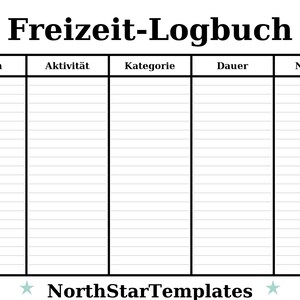 K&ouml;nnte beinhalten: Ein schwarz-wei&szlig; druckbares Template mit dem Titel "Freizeit-Logbuch". Es enth&auml;lt Spalten f&uuml;r "Datum", "Aktivit&auml;t", "Kategorie", "Dauer" und "Notizen". Das NorthStarTemplates-Logo befindet sich unten.