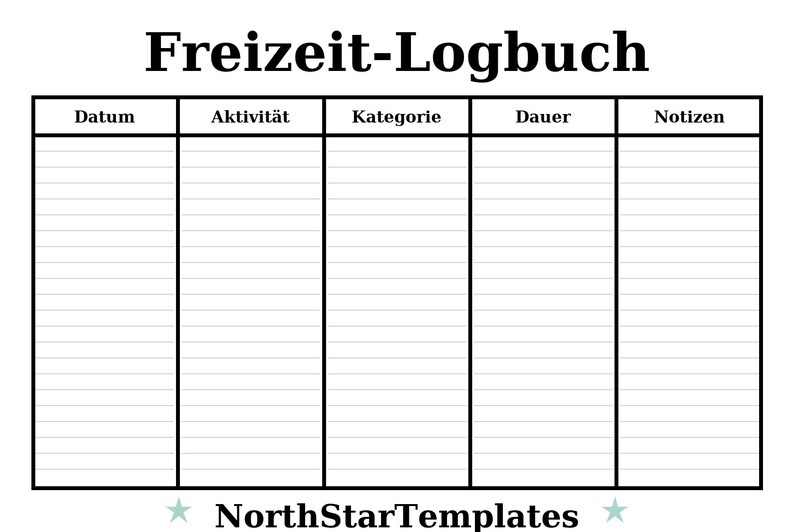 K&ouml;nnte beinhalten: Ein schwarz-wei&szlig; druckbares Template mit dem Titel "Freizeit-Logbuch". Es enth&auml;lt Spalten f&uuml;r "Datum", "Aktivit&auml;t", "Kategorie", "Dauer" und "Notizen". Das NorthStarTemplates-Logo befindet sich unten.