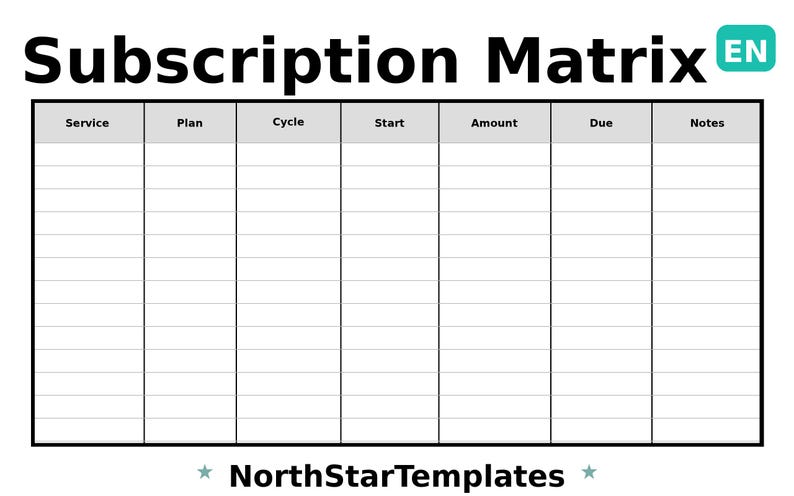 Sample Notes For Subscription Box Subscription Matrix Premium Printable and Editable Template DE EN ES - Etsy