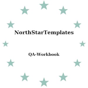 Puede incluir: Fondo blanco con un círculo de estrellas verde azulado claro que rodea el texto "NorthStarTemplates" sobre "QA-Workbook" en fuente negra. Diseño sencillo y limpio.