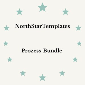 May include: A cream-colored graphic with the text "NorthStarTemplates" above "Prozess-Bundle". Light teal stars encircle the text. The design is simple and clean, suitable for digital products or branding.