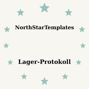 May include: A light beige background with a ring of teal stars. The text "NorthStarTemplates" is centered above "Lager-Protokoll" in black, sans-serif font.
