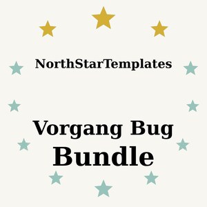 Puede incluir: Gráfico color crema con el texto "NorthStarTemplates" encima de "Vorgang Bug Bundle" en negrita negra. El texto está rodeado de estrellas doradas y turquesas.