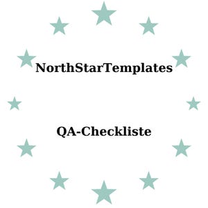 Könnte beinhalten: Weißer Hintergrund mit einem Kranz aus helltürkisen Sternen, der den Text "NorthStarTemplates" über "QA-Checkliste" in schwarzer Schrift umgibt.