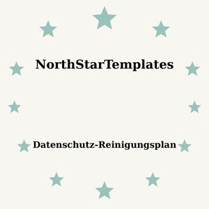 Puede incluir: Un fondo beige claro con estrellas turquesas dispuestas en círculo. El texto "NorthStarTemplates" está en negro, centrado sobre el texto "Datenschutz-Reinigungsplan".