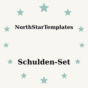 Puede incluir: Un fondo beige claro con un anillo de estrellas turquesas que rodea el texto "NorthStarTemplates" encima de "Schulden-Set" en negro, fuente sans-serif.