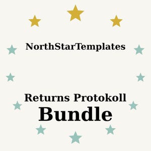 Op de afbeelding: Crèmekleurige afbeelding met de tekst "NorthStarTemplates" boven "Returns Protokoll Bundle". De tekst is zwart, omringd door turquoise en gouden sterren. Het ontwerp is eenvoudig en strak.