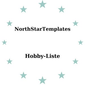 Könnte beinhalten: Weißer Hintergrund mit einem Kranz aus helltürkisen Sternen, der den Text "NorthStarTemplates" über "Hobby-Liste" in schwarzer Schrift umgibt. Das Design ist schlicht und sauber, mit Fokus auf dem Text.