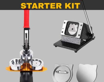 Könnte beinhalten: Ein Starter-Kit für einen Katzenform-Abzeichenhersteller. Das Kit enthält einen Abzeichenhersteller mit rotem Griff, einen Cutter und katzenförmige Abzeichenkomponenten. Der Text "Cat Shape Maker STARTER KIT" ist gelb dargestellt.