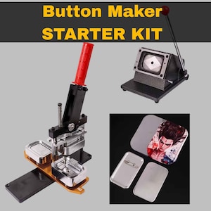 以下が含まれることがあります： 赤いハンドルと銀色の部品を備えたボタンメーカーのスターターキット。キットには、ボタンプレス、切削工具、ボタン部品が含まれています。「Button Maker STARTER KIT」というテキストが黄色で表示されています。