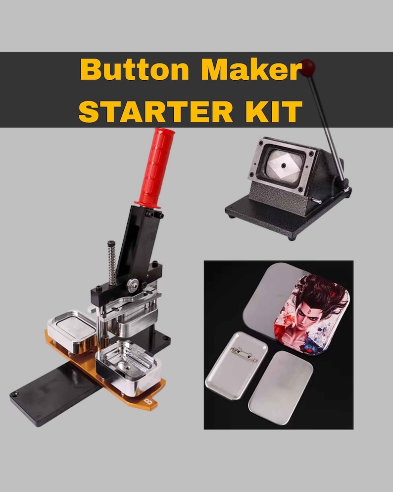 K&ouml;nnte beinhalten: Ein Button-Maker-Starterset mit einer manuellen schwarz-roten Presse, einem separaten rechteckigen Stanzwerkzeug und Metallkomponenten. Ein fertiger rechteckiger Button zeigt eine grafische Illustration einer Person mit dunklem Haar.