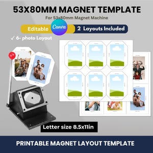 Puede incluir: Una máquina de imanes negra y plateada con un alfiler rojo y una plantilla de diseño de imanes imprimible. La plantilla incluye un diseño de 6 fotos y otros dos diseños. El texto de la plantilla dice "53x80mm Magnet Template" y "Printable Magnet Layout Template".