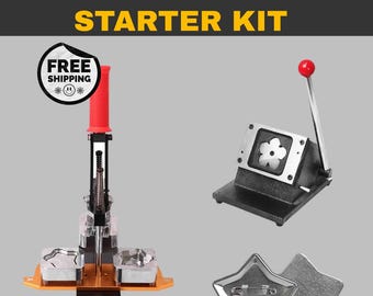 Könnte beinhalten: Ein Star Maker Starter Kit mit einer Ansteckpressmaschine, einem Stanzwerkzeug und sternförmigen Ansteckkomponenten. Die Ansteckpressmaschine hat einen roten Griff und eine orangefarbene Basis. Das Stanzwerkzeug ist schwarz mit einem blütenförmigen Ausschnitt.