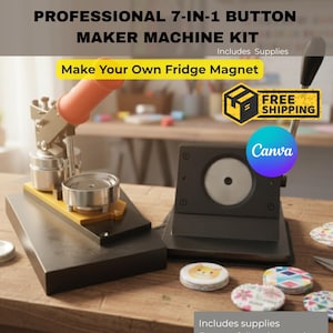 May include: A professional 7-in-1 button maker machine kit. The kit includes supplies and instructions to make fridge magnets. The machine is black and silver with an orange handle. The text on the image says "Make Your Own Fridge Magnet."
