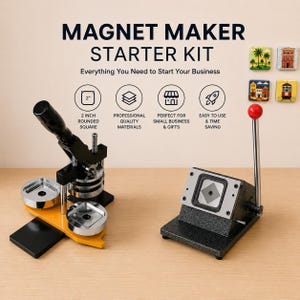 May include: A magnet maker starter kit featuring a yellow and black press machine with a 2-inch rounded square die, alongside a black metal paper cutter with a red-topped handle. The kit includes four square magnets with colorful printed designs.