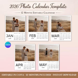Könnte beinhalten: Eine 2026 Foto-Kalendervorlage mit einem 12-Monate-Kalender zum Bearbeiten. Jeder Monat zeigt ein Foto eines Paares auf einem Feld. Die Monate Januar, Februar, März, April und Mai sind sichtbar. Das Canva-Logo befindet sich unten links.