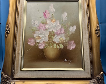 Vintage Floral Oil Painting Framed Shabby Chic Impasto Still Life Flowers