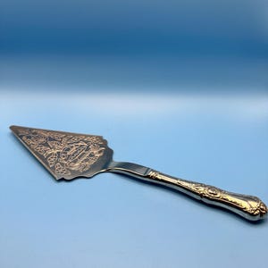 Op de afbeelding: Een zilverkleurige taartschep met een sierlijk driehoekig blad voorzien van ingewikkelde bloem- en krulmotieven. Het handvat is gebogen en versierd met reliëfdetails, wat het gehele voorwerp een gepolijste metalen afwerking geeft.