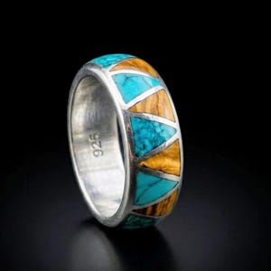 Handgjord geometrisk vigselring i sterlingsilver med turkos tigeröga och inlägg, 3 till 16