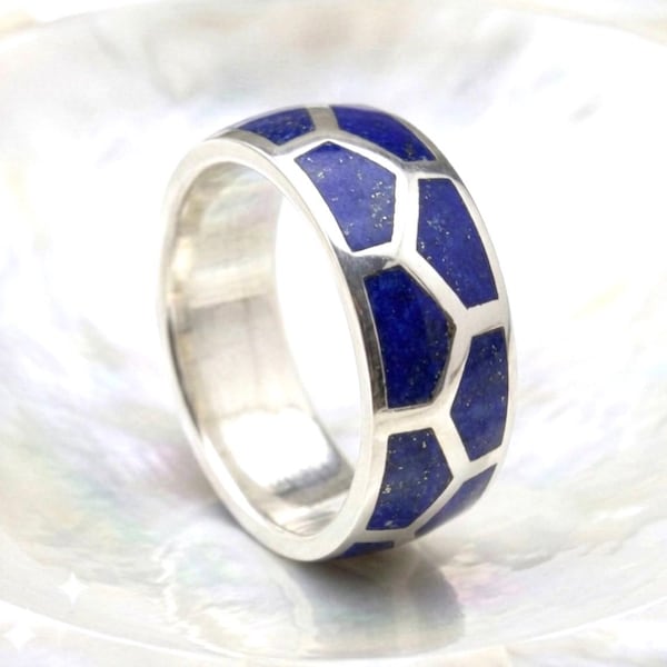 Lapis Lazuli Geometric Sterling Silver Ring – Unisex Band 7mm Width