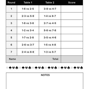 2 Table Progressive Tally Card Score Sheet, Downloadable, Printable PDF, 8 Players, 7 Rounds