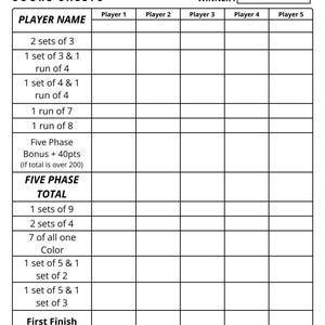 Könnte beinhalten: Ein Phase 10-Spielzettel mit einem rosa und weißen Logo. Der Spielzettel enthält Abschnitte für Spielernamen und Spalten für die Wertung jeder Runde. Das Blatt bietet Platz für bis zu fünf Spieler und einen Abschnitt für den Gewinner.