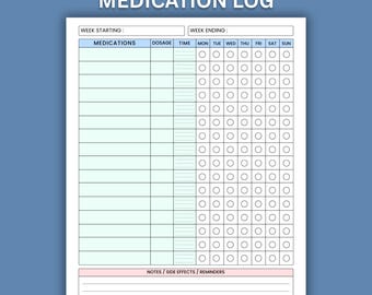 Medication Log Tracker Printable PDF, Weekly Chart With Checkboxes to Track Medication & Daily Dosage