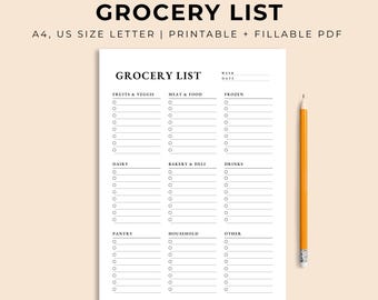 Printable Grocery List, A4/US Letter Fillable Planner (Instant Download)