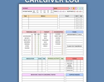 Seniors Caregiver Daily Log, Eldercare Caregiver, Care giver Page for taking Notes