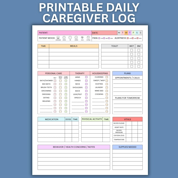 Seniors Caregiver Daily Log, Eldercare Caregiver, Care giver Page for taking Notes