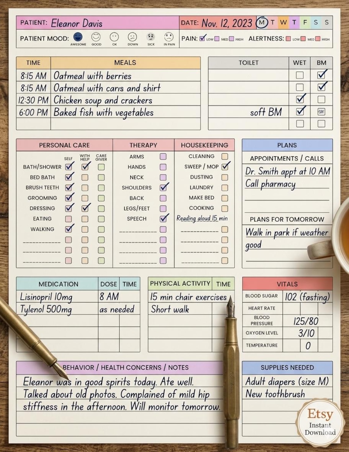 Seniors Caregiver Daily Log, Eldercare Caregiver, Care Giver Page for ...