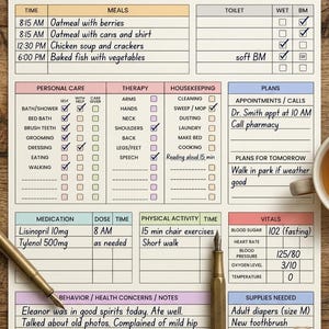 May include: A printable patient care chart with sections for meals, personal care, therapy, and vitals. The chart includes the patient's name, date, and notes. Two pens are placed on the chart. The Etsy logo is in the bottom right corner.